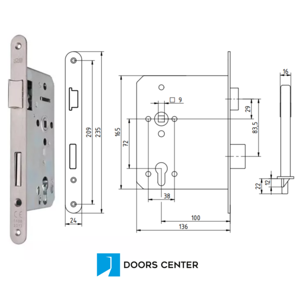 Doors Center - Dimensions de la Serrure Standard entraxe 72mm axe 100mm carré 9mm et têtière 24mm