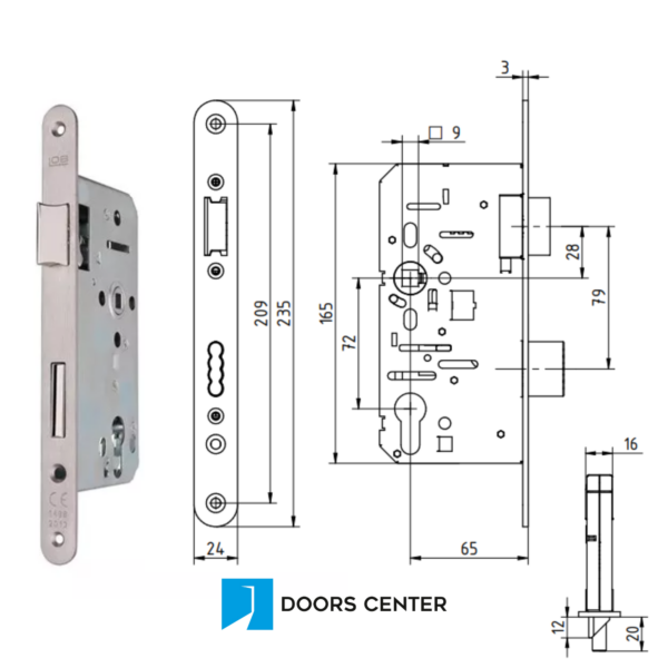 Puertas Centro - Cerradura estándar Dimensiones: 72 mm de distancia entre ejes, 65 mm de eje cuadrado de 9 mm y reposacabezas de 24 mm
